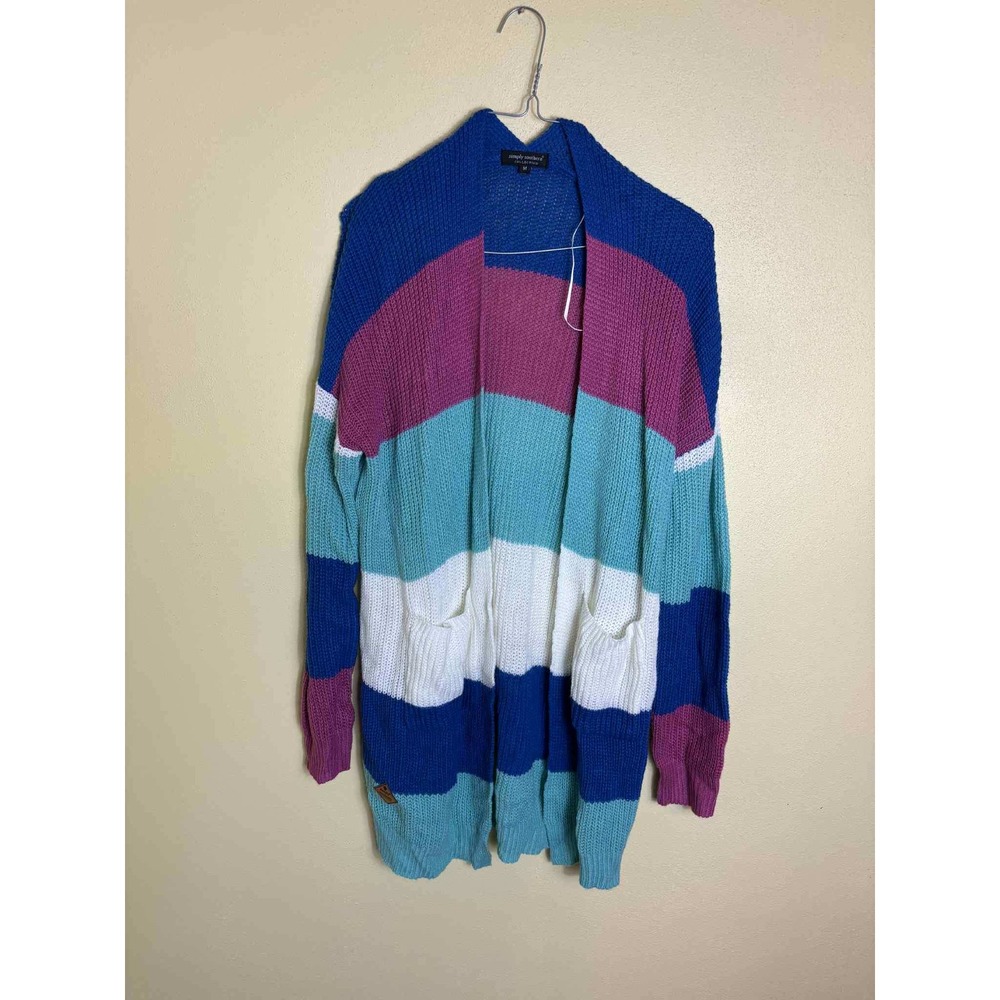 Simply Southern Striped Knit Cardigan Sweater Open Front Pockets Blue Purple Med